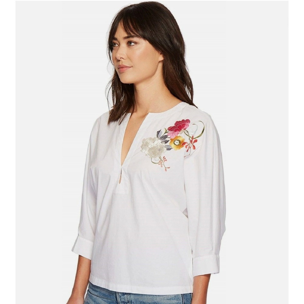 Trina Turk White Cotton Poplin Floral Embroidered Batwing Sleeve Blouse Top